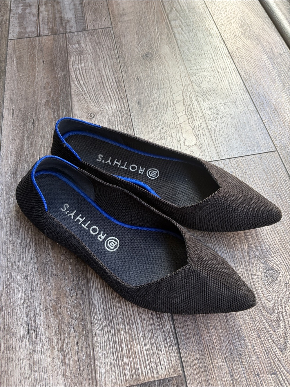 Rothy's Black Pointed Knit Flats with Blue Trim
